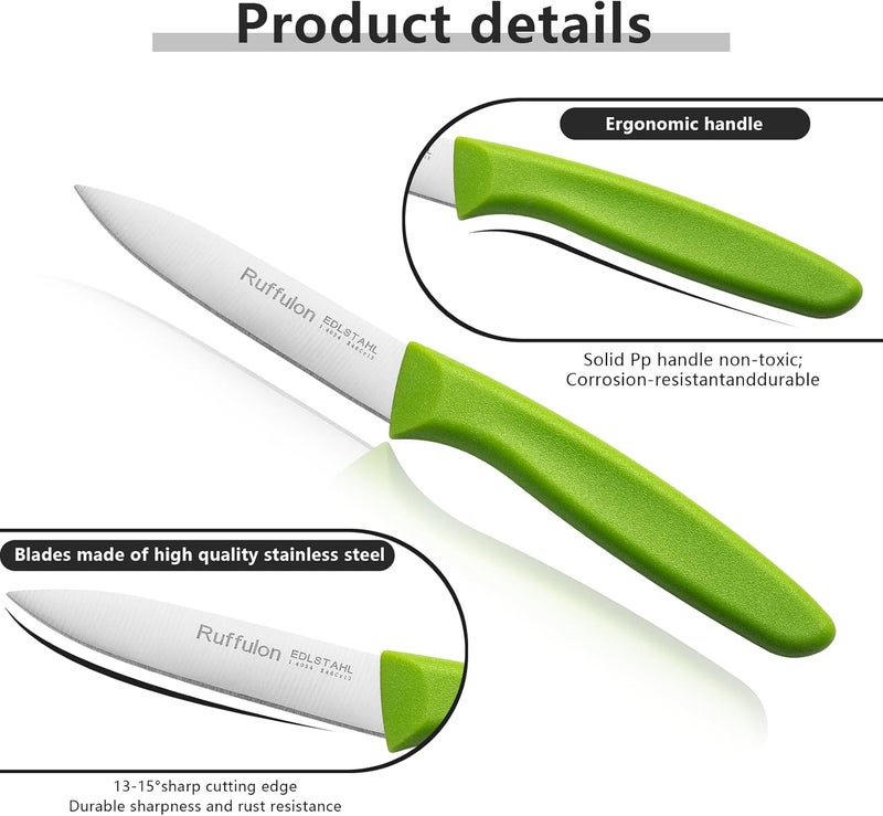 Ruffulon Paring Knife Fruit Knife Set (6 Pieces), Ultra Sharp Stainless Steel Vegetable and Fruit Knife with PP Plastic Ergonomic Handle for Cutting Fruits and Vegetables,Red/Orange/Green - Image 3